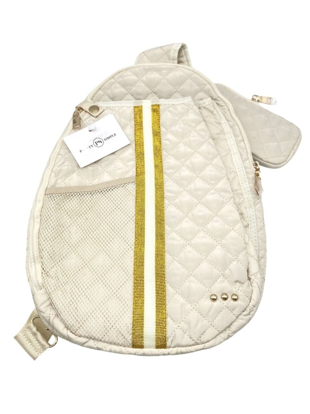 NWT Pretty Simple Quilted Cream Pickleball Sling Bag Gold Stripe Accents